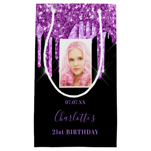 Aangepaste foto verjaart zwarte paarse glitterdrup klein cadeauzakje (Voorkant)