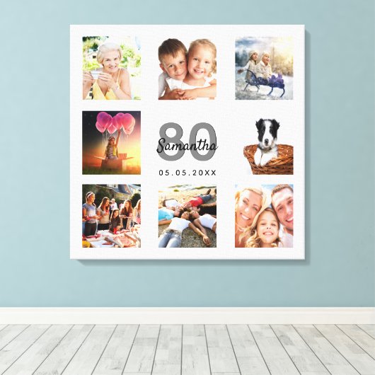 Aangepaste foto voor 80e verjaardag, collage wit m canvas afdruk (Insitu (Houten vloer))