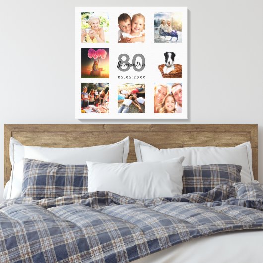 Aangepaste foto voor 80e verjaardag, collage wit m canvas afdruk (Insitu (Slaapkamer))