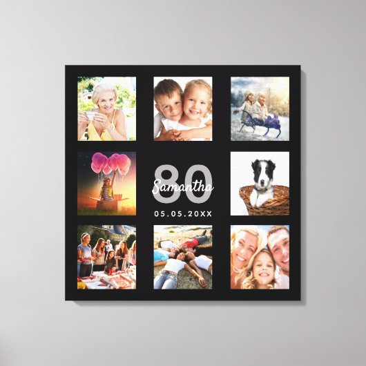 Aangepaste foto voor 80e verjaardag, collage zwart canvas afdruk (Voorkant)