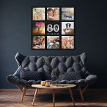 Aangepaste foto voor 80e verjaardag, collage zwart imitatie canvas print<br><div class="desc">Een unieke 80ste verjaardagsgeschenk, die haar leven viert met een collage van 8 van je foto's. Voeg afbeeldingen van haar familie, vrienden, huisdieren, hobbies of droomreisbestemming toe. Pas een naam, leeftijd 80 en een datum aan en voeg deze toe. Witte en grijze gekleurde letters. Een zwarte achtergrond. Dit canvas is...</div>