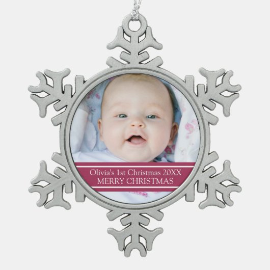 Aangepaste foto voor baby's eerste kerstversiering tin sneeuwvlok ornament (Voorkant)