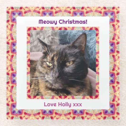 Aangepaste Foto Vrolijk Kerstfeest Jolly Pet Cat K Glazen Onderzetter (Voorkant)