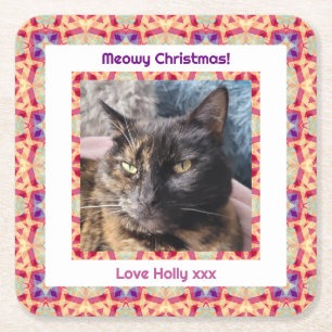 Aangepaste Foto Vrolijk Kerstfeest Jolly Pet Cat K Kartonnen Onderzetters