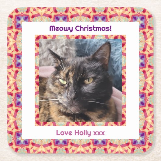 Aangepaste Foto Vrolijk Kerstfeest Jolly Pet Cat K Kartonnen Onderzetters (Voorkant)