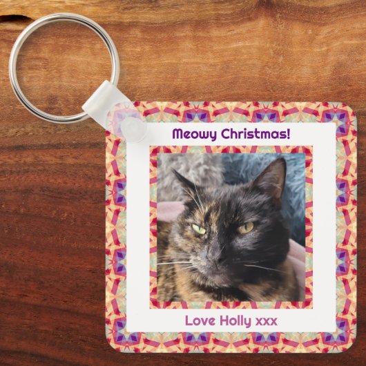 Aangepaste Foto Vrolijk Kerstfeest Jolly Pet Cat K Sleutelhanger (Voorkant)