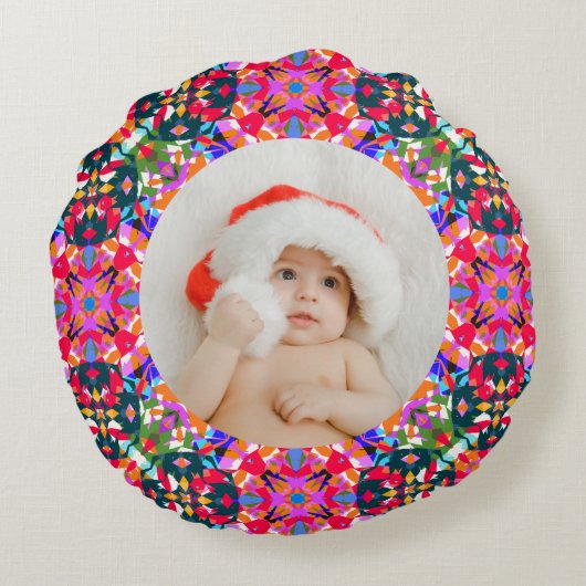 Aangepaste foto Vrolijk Kerstmis Modern Kleurrijk Rond Kussen (Achterkant)
