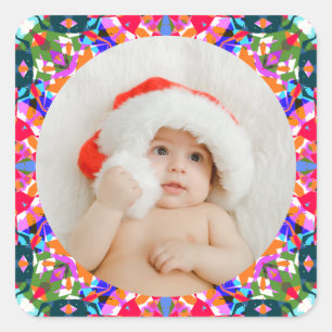 Aangepaste foto Vrolijk Kerstmis Modern Kleurrijk Vierkante Sticker
