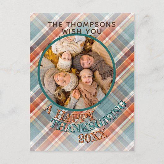 Aangepaste foto Vrolijke Thanksgiving Plaid Patter Briefkaart (Voorkant)
