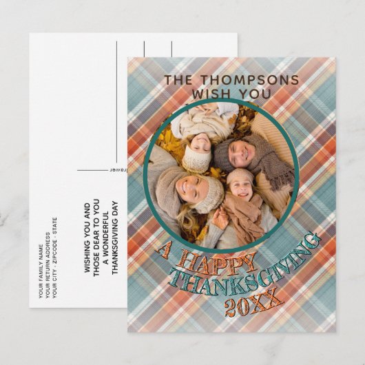 Aangepaste foto Vrolijke Thanksgiving Plaid Patter Briefkaart (Voorkant / Achterkant)