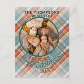 Aangepaste foto Vrolijke Thanksgiving Plaid Patter Briefkaart (Voorkant)