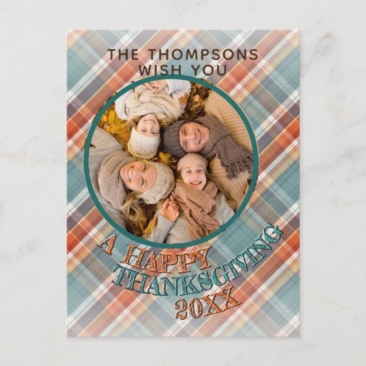 Aangepaste foto Vrolijke Thanksgiving Plaid Patter Briefkaart (Voorkant)