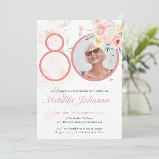 Aangepaste Foto Waterverf Bloemen Roze 80ste Verja Kaart (Staand voorkant)