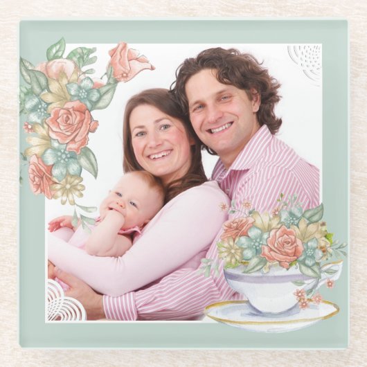 Aangepaste foto waterverf Floral en Teacup Glazen Onderzetter (Voorkant)