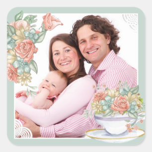 Aangepaste foto waterverf Floral en Teacup Vierkante Sticker