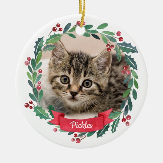 Aangepaste foto-Waterverf Pet Cat met kerstmis Keramisch Ornament (Voorkant)