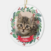 Aangepaste foto-Waterverf Pet Cat met kerstmis Keramisch Ornament (Links)