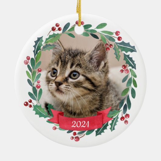 Aangepaste foto-Waterverf Pet Cat met kerstmis Keramisch Ornament (Achterkant)
