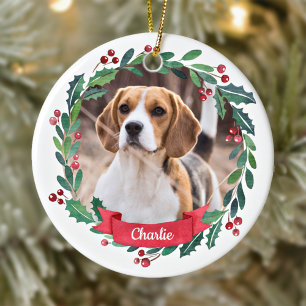 Aangepaste foto-Waterverf Pet Dog met kerstmis Keramisch Ornament