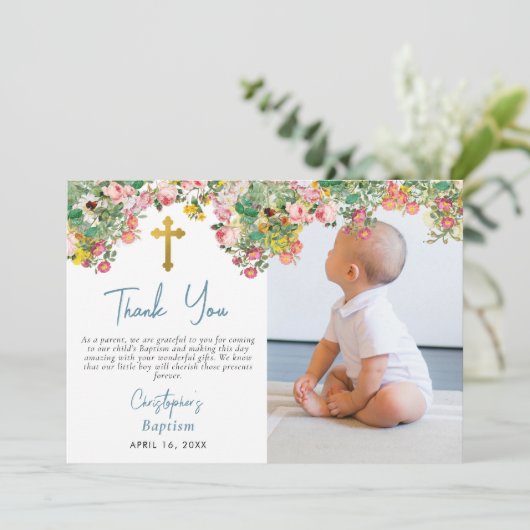 Aangepaste foto-Waterverf Roos Tuinjongen Baptisme Bedankkaart (Staand voorkant)