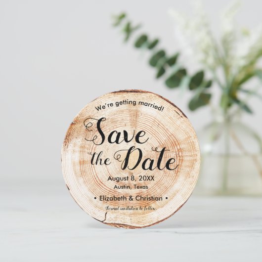 Aangepaste foto website Wood Slice Rustieke bruilo Kaart (Staand voorkant)