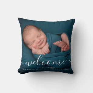 Aangepaste foto-welkomstscript-overlay baby- herin kussen