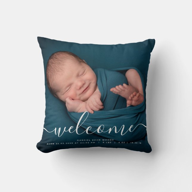 Aangepaste foto-welkomstscript-overlay baby- herin kussen (Voorkant)