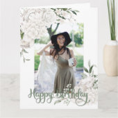 Aangepaste foto White Floral Birthday Greep Kaart (Voorkant)