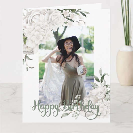 Aangepaste foto White Floral Birthday Greep Kaart (Voorkant)