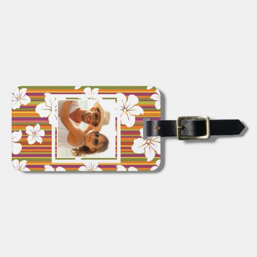 Aangepaste foto Witte bloemen op strepen Bagagelabel (Voorkant horizontaal)