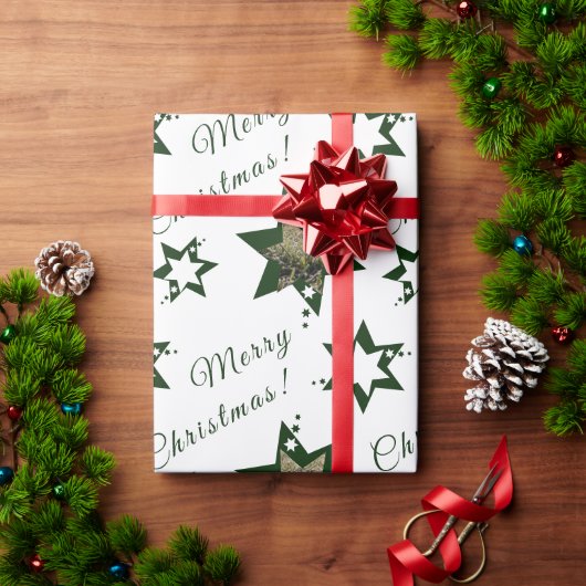 Aangepaste foto witte groene sterren Prettig kerst Cadeaupapier (Feestdagen Geschenken)
