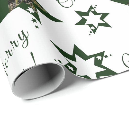 Aangepaste foto witte groene sterren vrolijk kerst cadeaupapier (Rol Hoek)