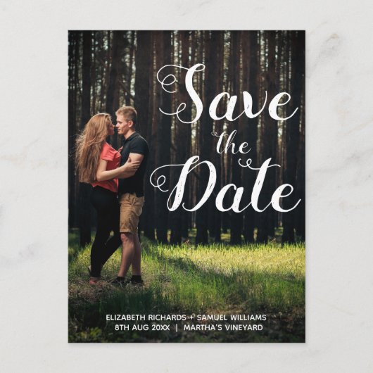 Aangepaste foto Witte Manuscript Overlay Wedding Briefkaart (Voorkant)