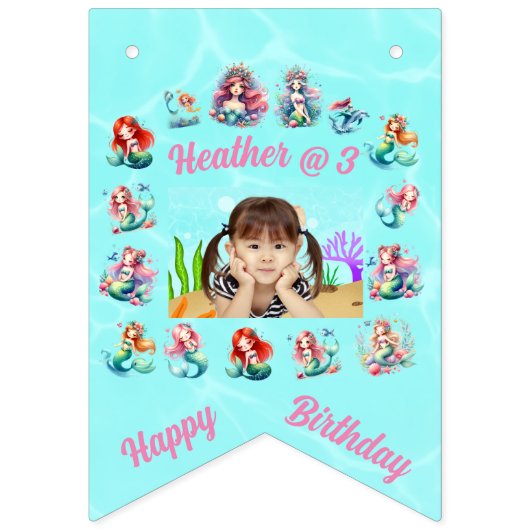 Aangepaste Foto Zeemeerminnen Thema Kids Verjaarda Vlaggetjes (Eerste vlag)