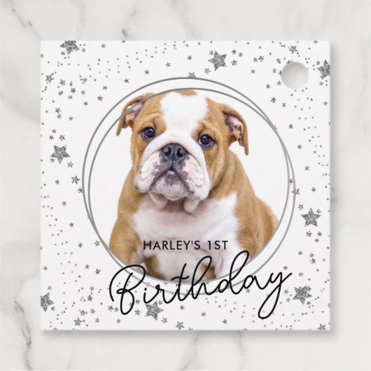 Aangepaste foto Zilver Glitter Stars Dog Birthday Bedankjes Labels (Achterkant)