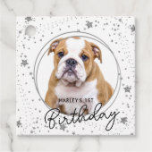 Aangepaste foto Zilver Glitter Stars Dog Birthday Bedankjes Labels (Voorkant)