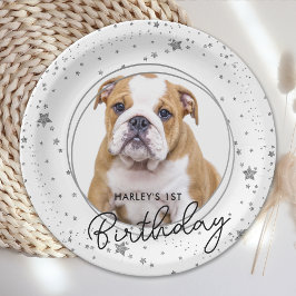 Aangepaste foto Zilver Glitter Stars Dog Birthday Papieren Bordje