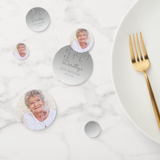 Aangepaste foto Zilveren Glitter Drip 90th Birthda Confetti (Groep)