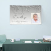 Aangepaste foto Zilveren Glitter Drip 90th Birthda Spandoek (Beurs)