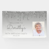 Aangepaste foto Zilveren Glitter Drip 90th Birthda Spandoek (Horizontaal)