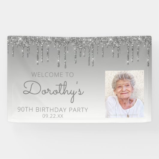 Aangepaste foto Zilveren Glitter Drip 90th Birthda Spandoek (Horizontaal)