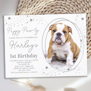 Aangepaste foto Zilveren sterren Puppy Dog Birthda Uitnodiging Briefkaart