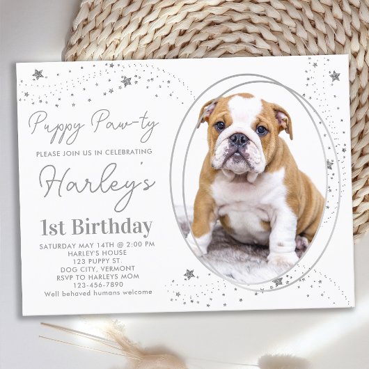 Aangepaste foto Zilveren sterren Puppy Dog Birthda Uitnodiging Briefkaart