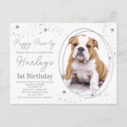 Aangepaste foto Zilveren sterren Puppy Dog Birthda Uitnodiging Briefkaart (Voorkant)