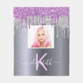Aangepaste foto zilverglitter paarse monogram fleece deken (Voorkant)