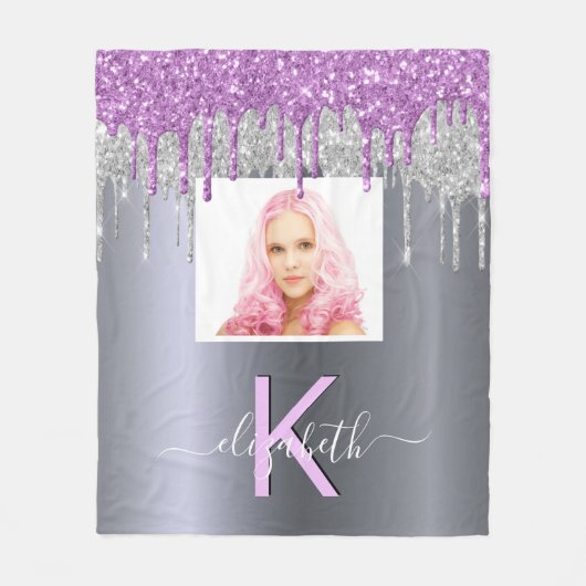 Aangepaste foto zilverglitter paarse monogram fleece deken (Voorkant)