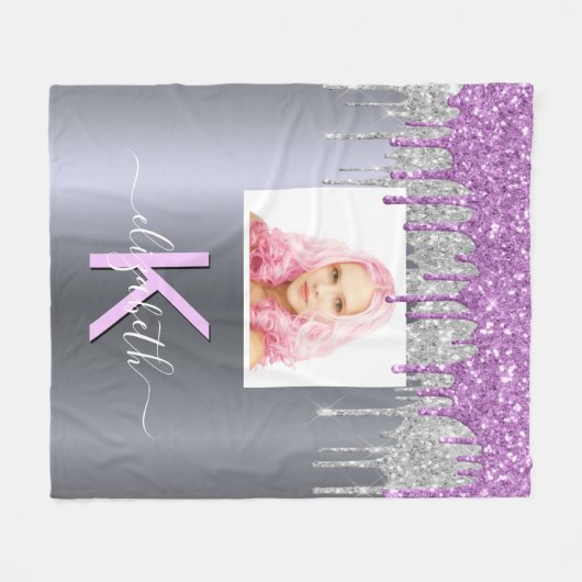 Aangepaste foto zilverglitter paarse monogram fleece deken (Voorkant (Horizontaal))