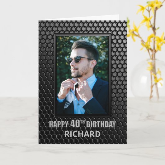 Aangepaste Foto Zwart 40e Verjaardag Kaart (Gele Bloem)