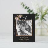 Aangepaste foto Zwart Bloemen Goud Script Bruiloft Kaart (Staand voorkant)