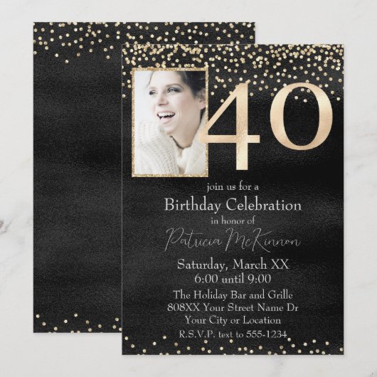 Aangepaste foto Zwart en Goud 40e Verjaardag Kaart (Voorkant / Achterkant)